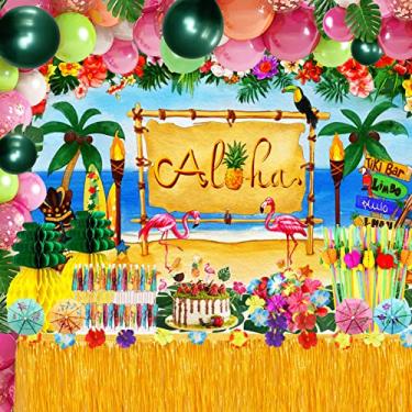 Imagem de Pacote de decoração de festa havaiana Luau (159 peças), kit de artigos de festa de verão Aloha temático de praia tropical (incluindo saia de mesa, toalha de mesa, pano de fundo, arco de balão, canudos, hibisco e folhas de palmeira, topo de comida, flamingo, decorações de abacaxi)