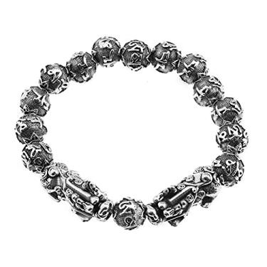 Imagem de Pulseira Feng Shui Pulseira Pixiu Duplo Antigo Banhado a Prata Mantra Seis Personagens Provérbios Pulseira Budista Com Contas Atraem Sorte Rico Elasticidade Taliman Presente para Homens, Metal