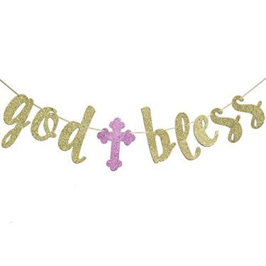 Imagem de Faixa God Bless Banner, Placa de Batismo Garland dourada Glitter para decoração de festa de batizado de primeira comunhão adereços de foto