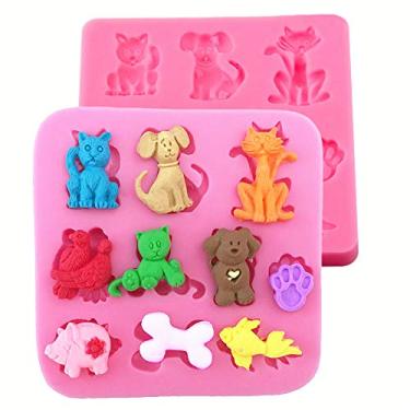 Imagem de HengKe 2 peças de gatos, cães, raposas, moldes de silicone de vários formatos de animais de desenho animado, moldes de bolo de grau alimentício para enfeites, doces, gelo, decoração de biscoito, chocolate, ferramentas de assar de argila de polímero