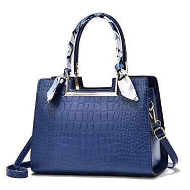 Imagem de Bolsa feminina com alça superior e estampa de crocodilo bolsa de couro elegante e grande bolsa transversal com zíper, Azul