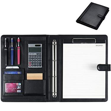 Imagem de Yajun Pasta organizadora de arquivos sacos de documentos de couro PU bloco de notas suporte de cartão multifuncional clipe de caneta com calculadora preto