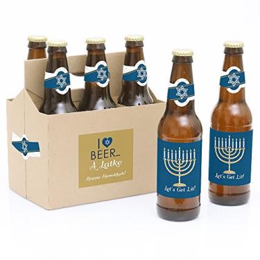 Imagem de Happy Hanukkah - 6 Chanukah Party Beer Bottle Labels with 1 Beer Carrier