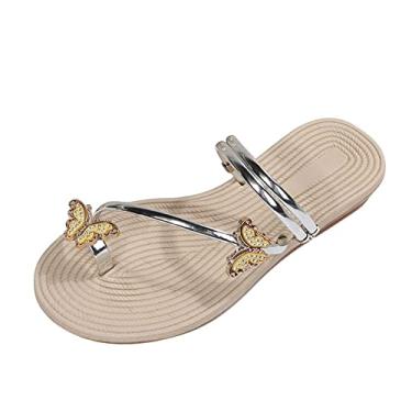 Imagem de Sandália feminina moda verão borboleta capa dedo do pé palha inferior sandálias de praia planas sapatos femininos sandálias de salto (prata, 7)