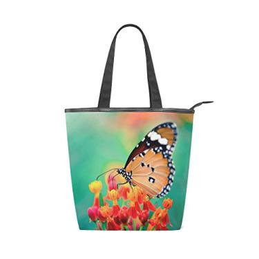 Imagem de Bolsa feminina durável de lona borboleta em flor laranja grande capacidade sacola de compras bolsa de ombro