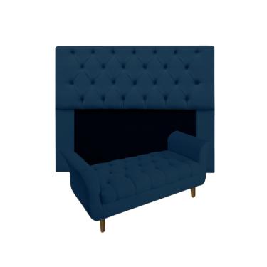 Imagem de Conjunto Cabeceira Mirage Com Recamier Grécia Casal 140 cm Suede Azul Marinho - LM DECOR