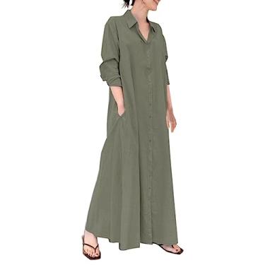 Imagem de Vestido feminino casual de botão e linho de algodão com bolsos, vestido de verão casual longo, Gn1, M
