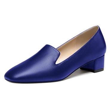 Imagem de WAYDERNS Sapato feminino bico quadrado bloco fosco sólido slip on grosso 3,5 cm, Azul royal, 10