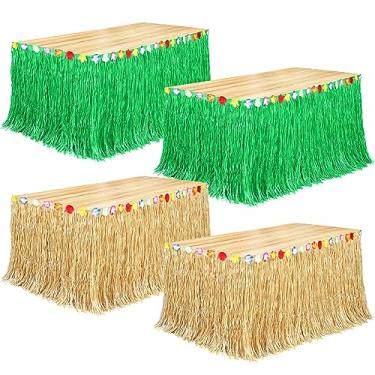 Imagem de Fovths Pacote com 4 saia de mesa Luau Grass natural 22 cm x 71 cm saia de mesa havaiana para decoração de festa tropical havaiana festa de fantasia Luau, verde e amarelo palha
