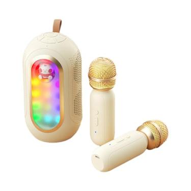 Imagem de XCPHGFM Conjunto de mini máquina de karaokê, microfone sem fio e alto-falante com 2 microfones, luzes coloridas LED recarregáveis, microfone portátil, alto-falante de karaokê, presentes para meninas,