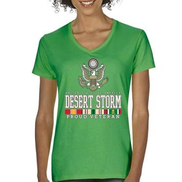 Imagem de Camiseta feminina Desert Storm Proud Veteran com decote em V American Army Gulf War Operation Served DD 214 Veterans Day Patriot Tee, Verde, P