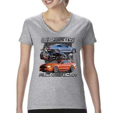 Imagem de Camiseta feminina Shelby All American Cobra gola V Mustang Muscle Car Racing GT 350 GT 500 Performance Powered by Ford Tee, Cinza, GG