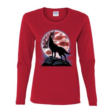 Imagem de Camiseta feminina manga longa American Howling Wolf Wildlife Animal Wolves Wilderness, Vermelho, P