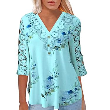 Imagem de Blusas femininas de malha de renda plus size manga curta Y2K blusas de algodão vintage túnica formal, Azul claro, P