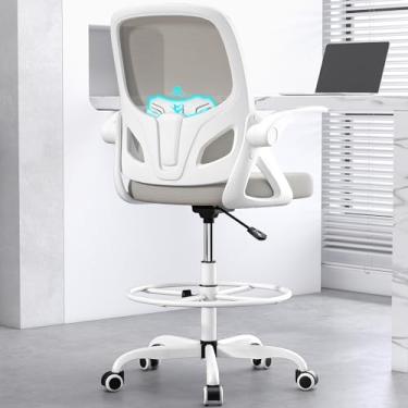 Imagem de Kensaker Cadeira de desenho alta com anel de apoio para os pés para casa e trabalho, cadeira de escritório ergonômica com braços dobráveis e suporte lombar, cadeira executiva de escritório de altura