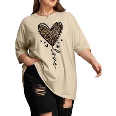 Imagem de WDIRARA Camiseta feminina plus size com estampa gráfica de coração e gola redonda meia manga, Oncinha cáqui, 4G Plus Size