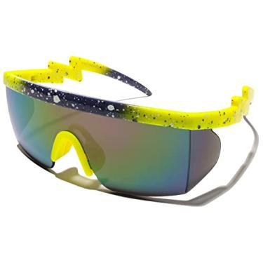 Imagem de ShadyVEU Óculos de sol semi sem aro neon arco-íris lente espelhada proteção UV 80s retrô rave Shades torto braço ziguezague parafuso, Armação amarela e azul/lente rosa, Large
