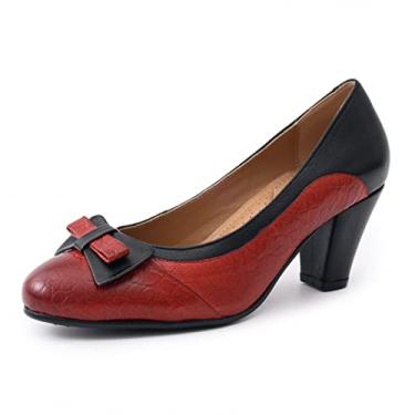 Imagem de Mona flying Sapato feminino retrô estilo scarpin 7 cm salto grosso couro elegante para mulheres, Vermelho e preto, 38
