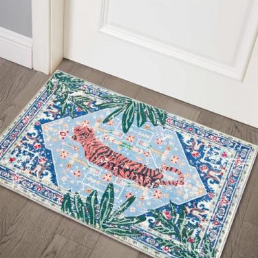 Imagem de Aldopein Tapetes de tigre de Bengala, tapetes boho tropicais de lã sintética 5 x 7 para banheiro, cozinha, pequeno tapete de entrada, moderno, vintage, envelhecido, turco, indiano, antiderrapante,
