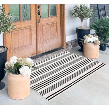 Imagem de Tapete de porta em camadas para ambientes externos, 70 x 100 cm, preto e branco, listrado, tapete para ambientes externos, lavável à máquina, algodão, tecido à mão para casa de fazenda ao ar livre, varanda, cozinha, entrada, lavanderia
