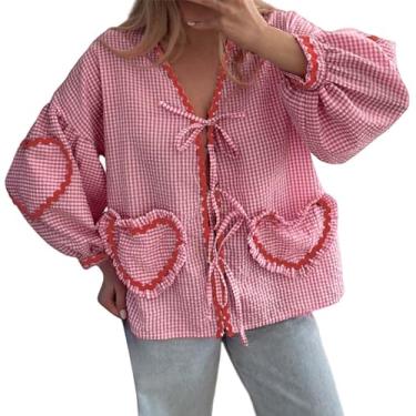 Imagem de Blusa feminina com gola V, manga comprida, xadrez, blusa folgada, casual, camiseta V curta, Vermelho melancia, G