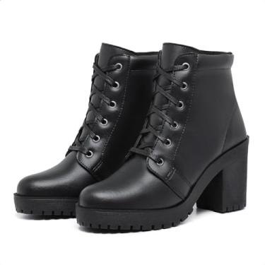 Imagem de Bota Coturno Feminino Cadarço Salto Grosso Bloco Medio Confortavel Macia Tamanho Especial Tamanho:36;Cor:Preto;Gênero:Masculino;Departamento BS:Esporte