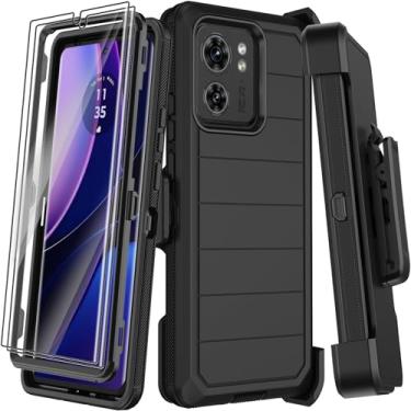 Imagem de Capa para Motorola Edge 2023 com clipe de cinto, 2 películas protetoras para Moto Edge 40, capa protetora resistente contra quedas de grau militar à prova de choque com suporte (preto)
