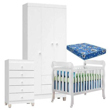 Imagem de Quarto De Bebê 3 Portas Com Gaveteiro Ternura Baby E Berço Branco Brilho Com Colchão