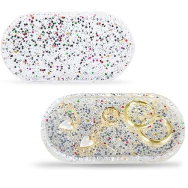 Imagem de Prato de anel de bandeja de joias: Prato de bugiganga de resina com arte flash - Bandeja de chave - Suporte de prato de joias para decoração fofa de vaidade (2, azul transparente)