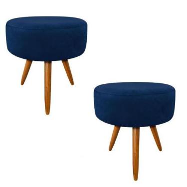Imagem de Kit 02 Puffs Banqueta Redondo Classic Suede Azul Marinho - DS Estofado