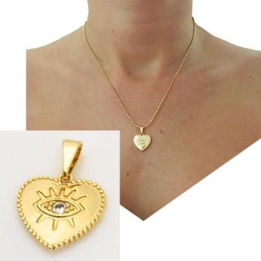Imagem de Pingente Feminino Coração Olho Grego Cravejado Zircônia Banhado a Ouro