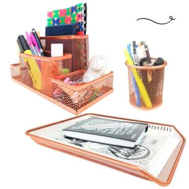 Imagem de Kit Escritório Porta Caneta Organizador Mesa Bandeja Rose Gold - Marky