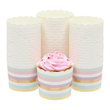 Imagem de Pacote com 50 forros de muffin – Embalagem de papel para cupcake listrado em folha de pastel e ouro