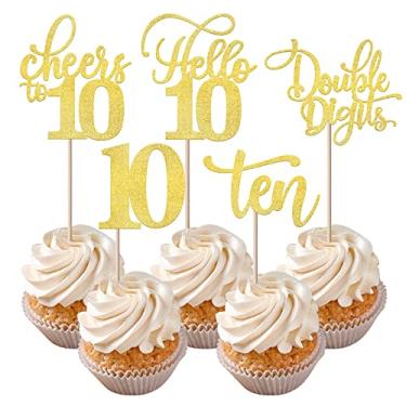 Imagem de Rsstarxi 30 Pack 10th Birthday Cupcake Toppers Gold Glitter Ten Double Hello 10 Cupcake Picks Cheers to 10 Years Old Cake Decorations for 10th Birthday Party Supplies