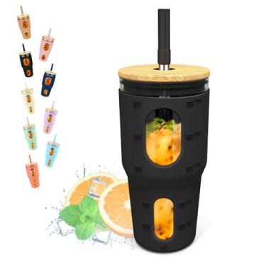 Imagem de tronco Copo de vidro de 947 ml com canudo e tampa, copo de café gelado para preparar smoothie para combinar com marcador de tempo, frascos reutilizáveis para beber chá Boba com manga de silicone, serve para porta-copos, livre de BPA (preto)