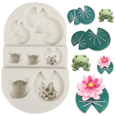 Imagem de QDMOLDS Molde de silicone de flor de lótus molde de fondant de sapo molde de folha de lótus almofada de lírio moldes de silicone para decoração de bolos, cobertura de cupcake, pasta de chiclete de