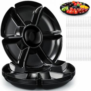 Imagem de Zhehao 6 bandejas de plástico divididas com 60 peças de garfo descartável, 7 compartimentos de prato redondo com lascas, prato em forma de pétala, prato de 26 cm para festas, doces, frutas (preta)