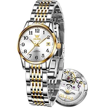 Imagem de Relógios Automáticos Femininos, Relógios de Pulso Femininos de Aço Inoxidável, Pulseira em Tom Dourado e Prata (Mostrador dourado/preto/verde/branco), Prata, ouro, Round, Relógio feminino de dois tons