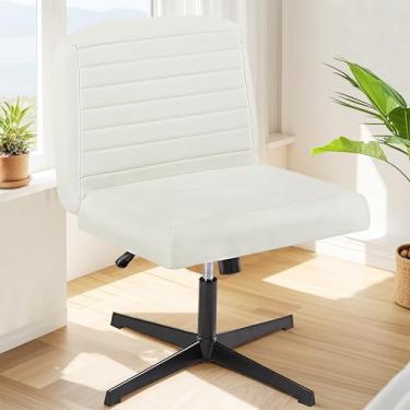 Imagem de VECELO Cadeira de escritório sem braços sem rodas tecido acolchoado com pernas cruzadas, altura ajustável, assento largo para maquiagem de casa/quarto, bege