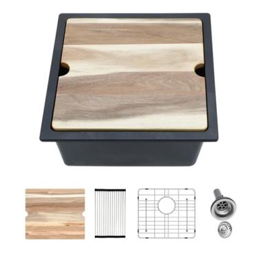 Imagem de Kichae Pia de barra de montagem inferior preta - 45,7 x 45,7 cm de granito composto preto para preparação de pia de cozinha