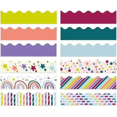 Imagem de Geyee 240 peças de bordas de quadro de avisos de 72 metros colorido arco-íris recortado borda guarnição de boletim em massa decoração para sala de aula decoração de volta às aulas (estilo de cor