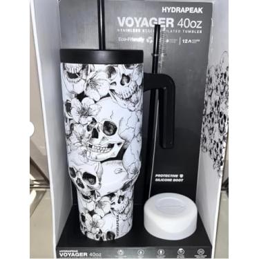 Imagem de Hydrapeak Copo Voyager Artisan Collection 1,134 g (caveira) com alça, tampa de canudo e canudo (o conjunto vem com canudo extra, limpador de palha e bota de silicone) garrafa de água isolada,