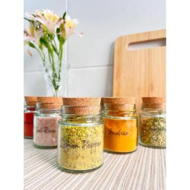 Imagem de Kit Potes de Temperos Vidro Gourmet + 32 Etiquetas Porta Temperos Tampa Rolha Cozinha Armazenamento (10 Potes + Etiq. Transparentes)