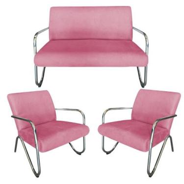 Imagem de Kit Namoradeira + 2 Poltronas Decorativa Bela Suede Rosa Braço Cromado