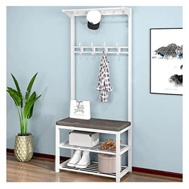 Imagem de Cabideiro para sapato, banco de armazenamento de entrada de árvore de corredor, móveis de destaque com moldura de metal, design 4 em 1, 4 ganchos duplos, montagem fácil, resistente e fácil de montar