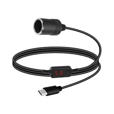 Imagem de RIIEYOCA Cabo conversor PD USB C macho para acendedor de cigarro, adaptador fêmea de isqueiro tipo C de 5 V para 20 V com visor digital para câmera veicular, GPS, monitor de bebê (0,7 m/2,3 pés)