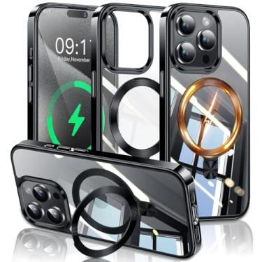 Imagem de ESTPEAK Capa de titânio preta com suporte de CD Mag-Stand para iPhone 15 Pro Max com anel magnético invisível, [Fit para MagSafe] [nunca amarela] Capa de telefone transparente para iPhone 15 ProMax de