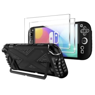 Imagem de zZjoOoj Capa para Switch 2 2025 com protetor de tela (pacote com 2), capa preta compatível com suporte e base, aderência aprimorada, resistência a arranhões HD, vidro temperado 9H projetado para NS