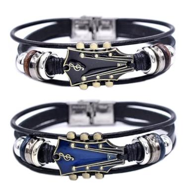 Imagem de Pulseira retrô de couro sintético, pulseira de couro de guitarra rock, liga de zinco, punk, trançada, multicamadas, forma de guitarra, decorativa, presente para entusiastas musicais, 20.5cm, Zinco