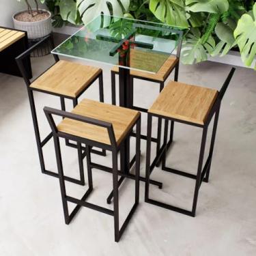 Imagem de Conjunto Mesa Alta Bar Bistrô Quadrada Vidro 4 Banquetas Pinus Industrial Black